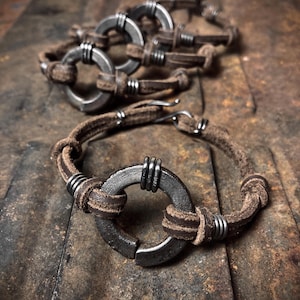 Industrial Lock Washer Leather bracelet - scavenged industrial steel hardware / wasteland / dystopian / postapo / rivethead / moto