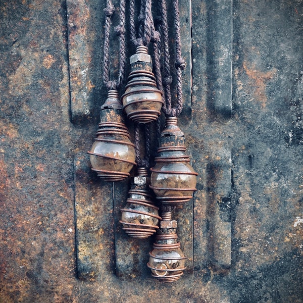 Junker Jars - scavenged rusty industrial hardware bits in mini glass pendant jars / dystopian / wasteland / postapo / tribal / witchy