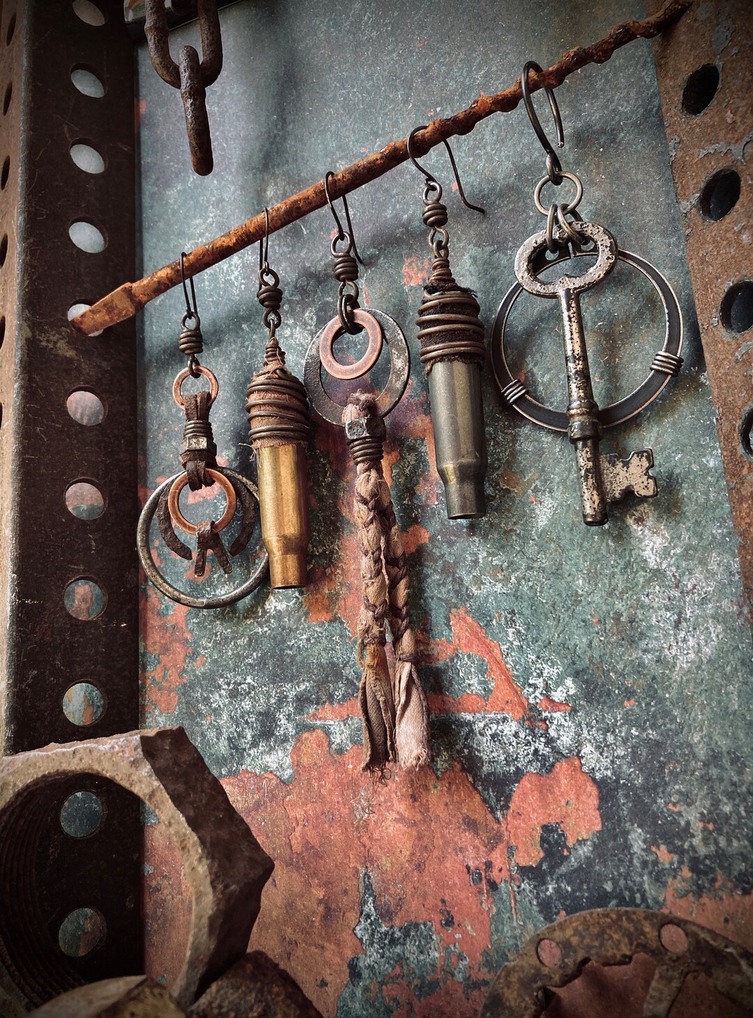 Image showcasing Mismatch Scavenged Industrial Wasteland Single Earrings / Antique Keys ...