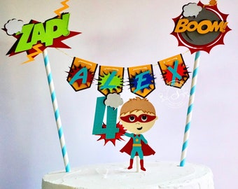 Super Hero Cake topper 2 "One" Boy Cake Topper Birthday bunting- Any age and name available