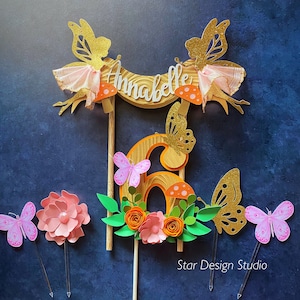 Fairy Cake topper, Enchanted  Fairy Pink, Butterflies Cake Topper Birthday bunting- Glitter Gold, Any age and name available