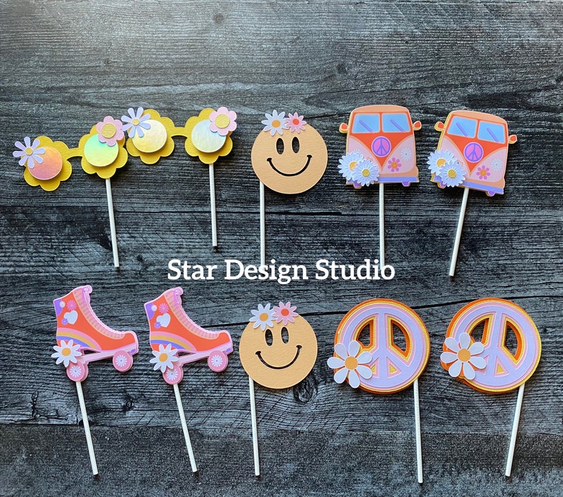 May include: Set of 10 colorful cake toppers featuring peace signs, smiley faces, roller skates, and vintage vans. The toppers are perfect for a groovy themed party.