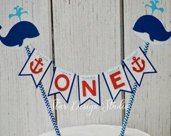 Whale Cake topper "One" Cake Topper Birthday bunting- Series 2, Any age and name available