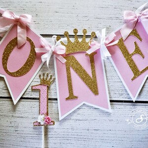 First Birthday Pink and Gold Banner, High chair banner , Princess Crown