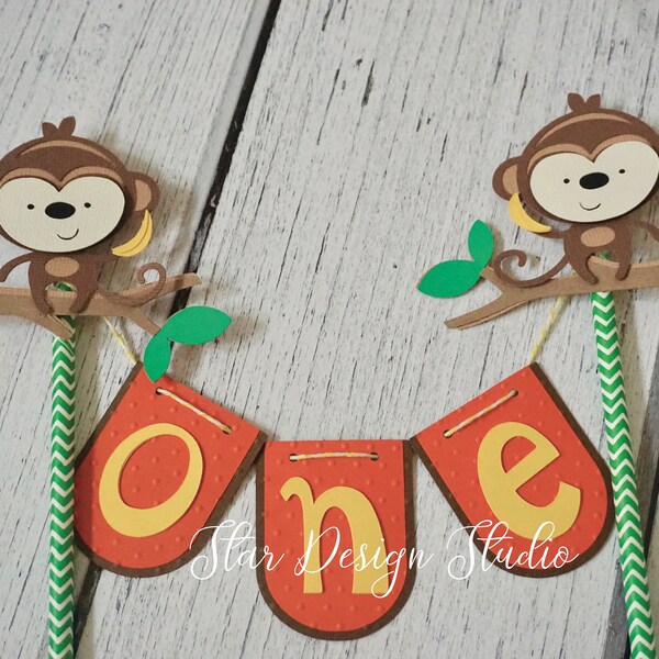 Monkey Safari Cake Topper Birthday- Monkey Bunting cake topper-  Smash cake, first birthday, Any number, name available