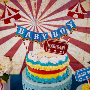Circus Tent Birthday Cake Topper: Personalized Bunting & Ticket