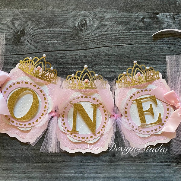 Princess Birthday Banner, Crown banner, High chair banner, Birthday Banner, Gold, Pink, Mint Any age or name available