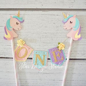 Unicorn Cake topper "One"  Pink, Purple, Mint and Aqua Cake Topper Birthday bunting- Series 5, Glitter Gold, Any age and name available