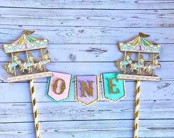 Carousel Cake topper, Birthday bunting. Any birthday, name available