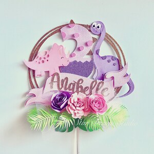 Dinosaur Girl Birthday Cake Topper: Customizable Name