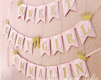 Baby Shower Girl Banner  Sweet Baby Girl- Crown, Bow Pink, Gold and White Name Available