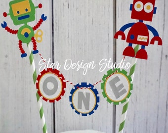 Robot Cake Topper Birthday Bunting cake topper-  Smash cake, first birthday, Any number, name available