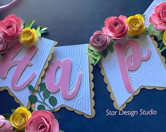 Woodland Banner, Happy birthday, 3d Flowers, Fox, Deer Animals