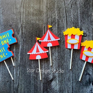 Circus cupcake topper, First birthday, Circus tent, ticket, popcorn