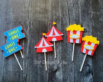 Circus cupcake topper, First birthday, Circus tent, ticket, popcorn