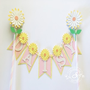 Daisy Cake topper,  Pink, Yellow and White Flower Cake Topper Birthday bunting- Series 5, Glitter Gold, Any age and name available