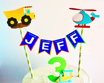 Transportation Cake topper, Boy Cake Topper Birthday bunting- Any age and name available