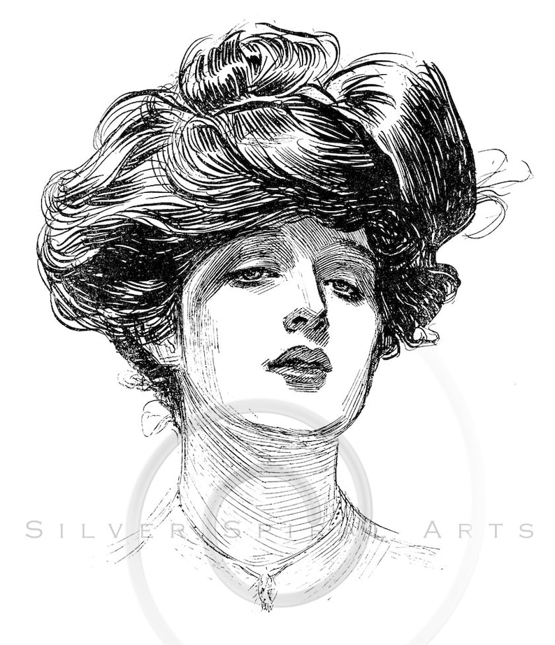 Vintage Gibson Girl Illustration Edwardian Victorian Fashion Printable Instant Digital Download Clip Art Retro Black and White Drawing ZS image 3