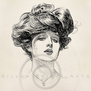 Vintage Gibson Girl Illustration Edwardian Victorian Fashion Printable Instant Digital Download Clip Art Retro Black and White Drawing ZS image 1