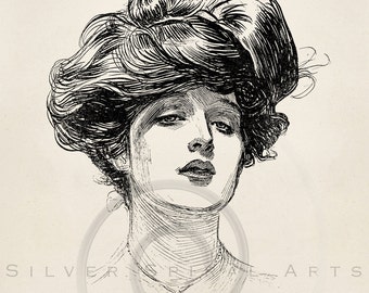 Vintage Gibson Girl Illustration Edwardian Victorian Fashion Printable Instant Digital Download Clip Art Retro Black and White Drawing ZS