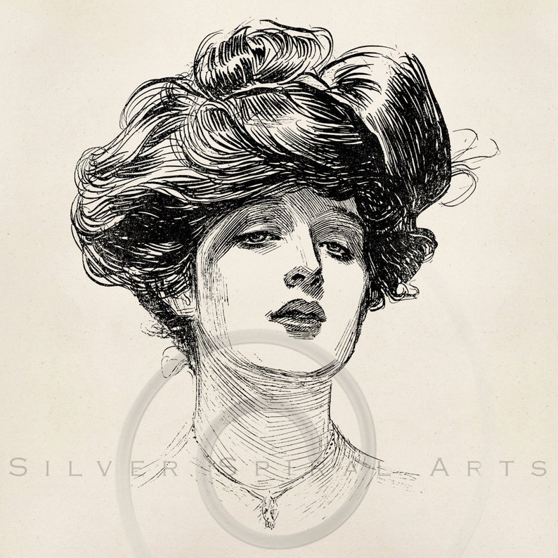 Vintage Gibson Girl Illustration Edwardian Victorian Fashion Printable Instant Digital Download Clip Art Retro Black and White Drawing ZS image 1