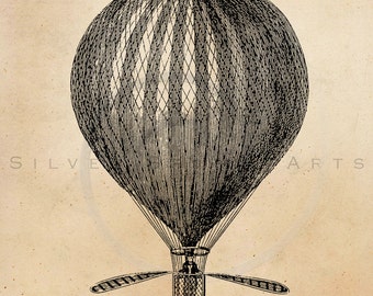 Vintage Hot Air Balloon Illustration Printable 1800s Antique Steampunk Aerostation Print Instant Download Retro Black & White Drawing ZS