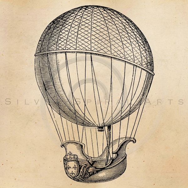 Vintage Hot Air Balloon Illustration Printable 1800s Antique Steampunk Aerostation Print Instant Download Retro Black & White Drawing ZS