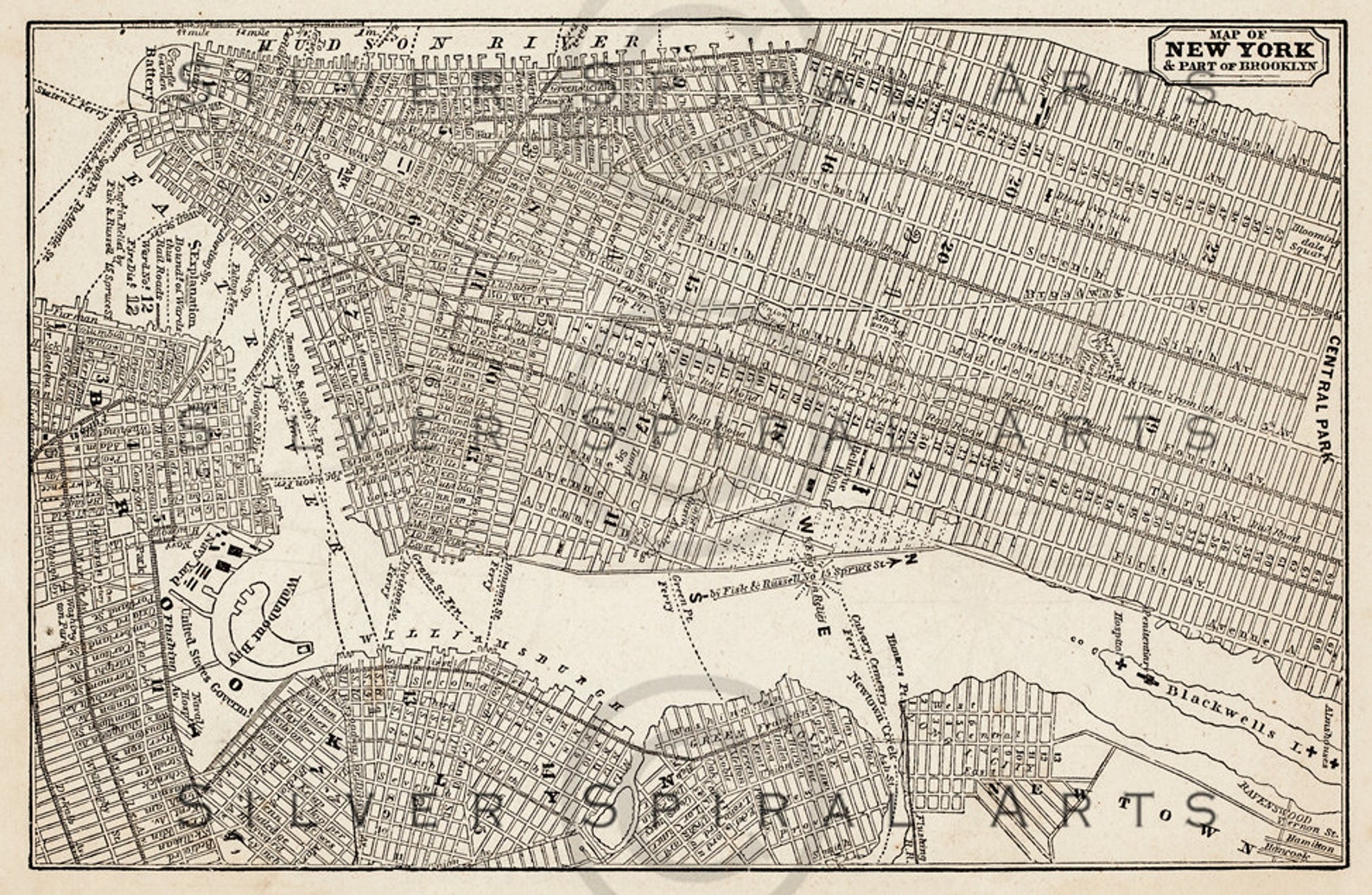 1800's Vintage New York Map Printable Graphic Brooklyn Map Digital