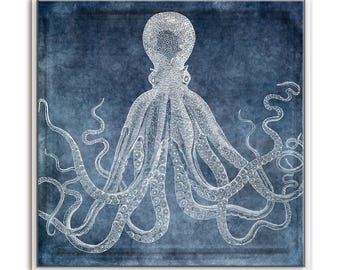Octopus Print Digital Printable Wall Art Indigo Blue White Wall Decor Large Octopus Print Coastal Decor Download Nautical Beach Painting