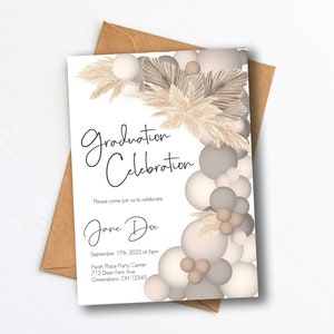 Neutral Boho Balloons Pampas Graduation Invitation DIY EDITABLE