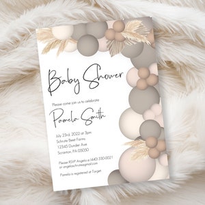 Gender Neutral Boho Balloons Pampas Baby Shower Invitation DIY EDITABLE