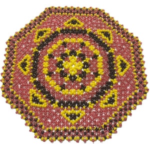 May include: A round, beaded doily with a geometric pattern in shades of pink, yellow, and black. The doily is made with small, round beads and has a delicate, intricate design.