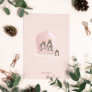 Postal Deixe nevar - pinguins e globo de neve
