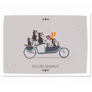 Carte postale Félicitations - Ratons laveurs et vélo cargo
