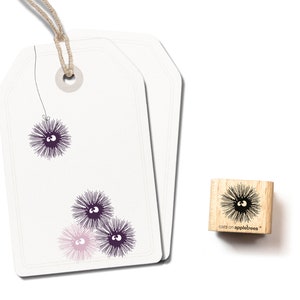 Pode incluir: Um carimbo de borracha de madeira com uma ilustração em preto e branco de um ouriço-do-mar com olhos saltitantes. O carimbo é etiquetado como "cats on appletrees".