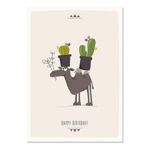 Cartolina di buon compleanno - cammello e cactus