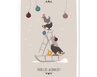 Postcard Fröhliche Weihnacht! - Schlittenbaum & Hühner