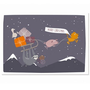 Cartolina Buon Natale - Slitta e bradipo