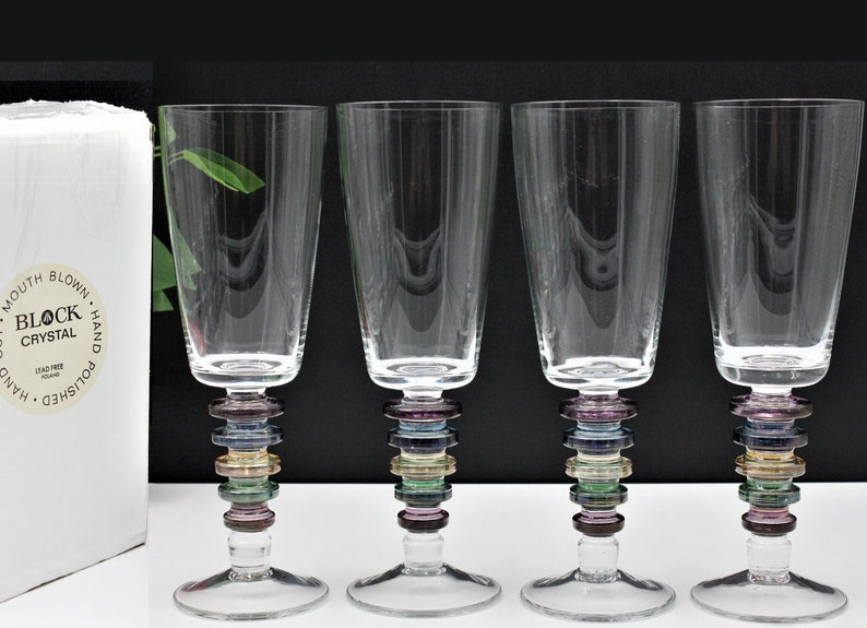 10.5 oz Block Crystal CARNIVAL Wine Glasses Water Goblets, Hand Cut shops Mouth Blown Rainbow Lead Free Glass, Made in Poland 4 pc in Original Box