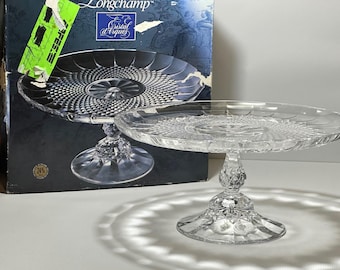 RARE 12.5" Cristal D'Arques Longchamp Crystal Pedestal CAKE STAND, Durand of France Diamond cut 24% Lead Dessert Serving Plate, Original Box