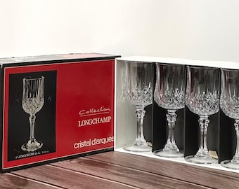 7 1/4" Cristal D'Arques Longchamp Crystal 8.5 oz Wine / Water Glasses, Durand of France, Diamond Cut Glass Goblets 24% Lead, Set of 4 in BOX