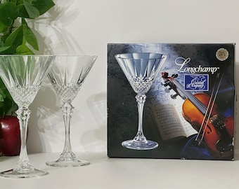 Cristal D'Arques Longchamp MARTINI Glasses 7 3/4" 9.25 oz, Lead Crystal Diamond Cut Wine Goblets Anniversary, Made in France, BOX set of 2