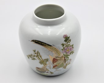Japanese Porcelain Pheasant Vase Ginger Spice Jar w/ Gold Guild, Oriental Bird & Flowers Bamboo Scene, Vintage Asian Canister Made in Japan