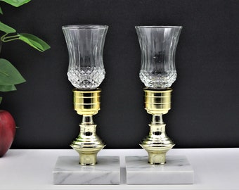 Fine Italian Marble Base Candle Holder Set, Vintage Gold Brass Metal Candlesticks, Clear Votive Cups, for Taper, Tealight, or Votive