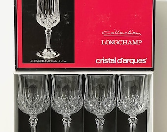 8.5 oz Cristal D'Arques Longchamp Crystal 7 1/4" Wine / Water Glasses, Durand of France, Diamond Cut Glass Goblets 24% Lead, Set of 4 in BOX
