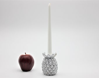 Silver Embossed Pineapple Candle Holder, Vintage Solid Resin Tropical Holiday Candlestick