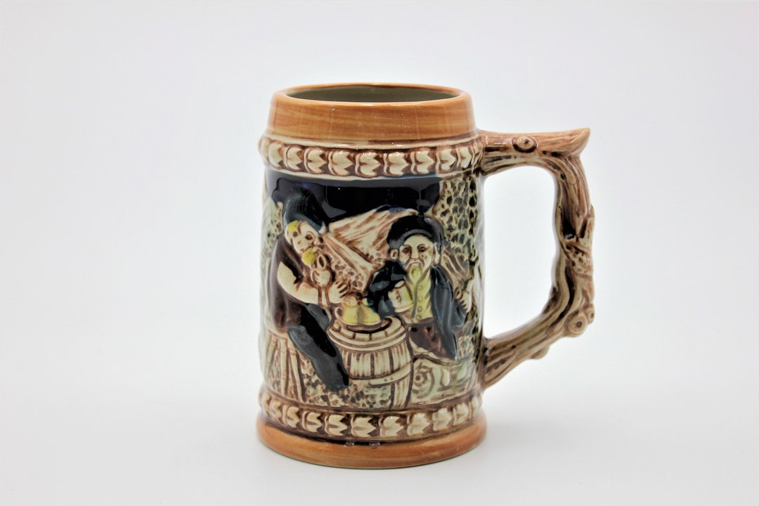 Ceramic Japanese Beer Stein, Vintage Brown & Tan Embossed Glazed, Men