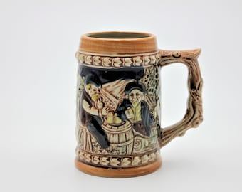 Ceramic Japanese Beer Stein, Vintage Brown & Tan Embossed Glazed, Men Sitting at Barrel Table and Drinking in Tavern Pub, Made in Japan