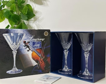 RARE Cristal D'Arques Longchamp Crystal MARTINI Glasses 7 3/4" 9 1/4 oz, Diamond Cut Wine Goblets Anniversary Made in France, BOX of 2