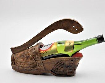 Wood Shoe Wine Bottle Holder, Vintage Tropical Tiki Bar Hand Carved Polynesian Pacific Island Beach Palms Huts, Made in Philippines